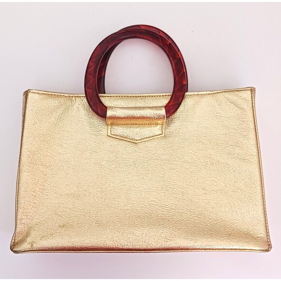 VTG 60s JR Florida USA Gold Lame Tote Tortoise Lucite Double Ring Handles 14X4X9 - Picture 12 of 12